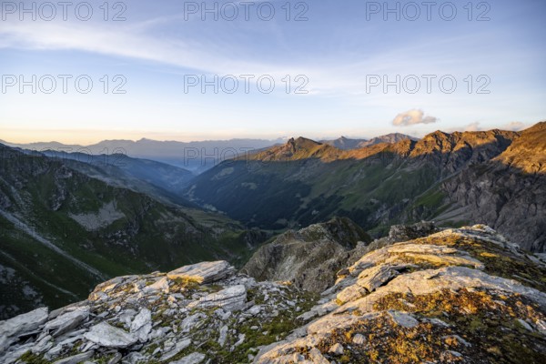 Picturesque mountain landscape at the summit of Mont de la Blana at sunset, view of La Dixence