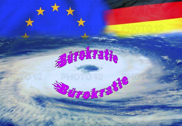 Symbol photo, bureaucracy as a cyclone over the EU and Germany, flood of paragraphs, European