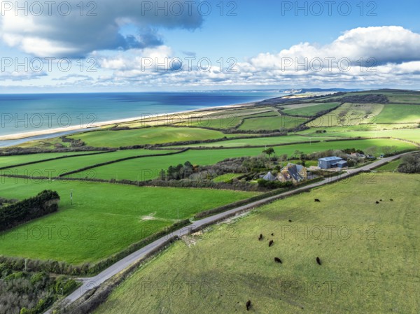 Farms over Swyre and West Bexington from a drone, West Bexington Nature Reserve, S W Coast Path,