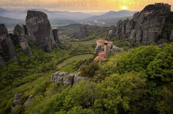 Sunset over the Monastery of Rousanou and the Monastery of St Nicholas Anapavsa, Anapavsas, Metéora
