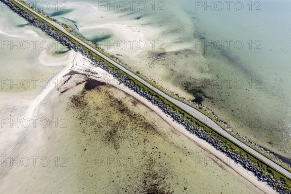 Aerial view of a bridge over turquoise sea at a sandy beach, fjord Grunnforfjorden, Lofoten