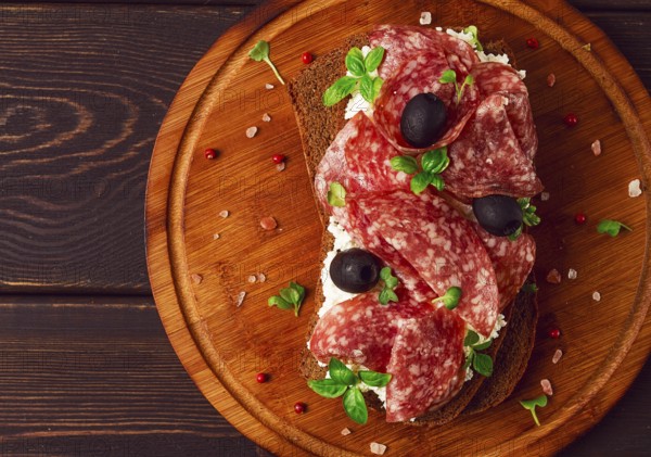 Sandwich, grain bread, with cream cheese and salami, black olives, micro-greens, top view,