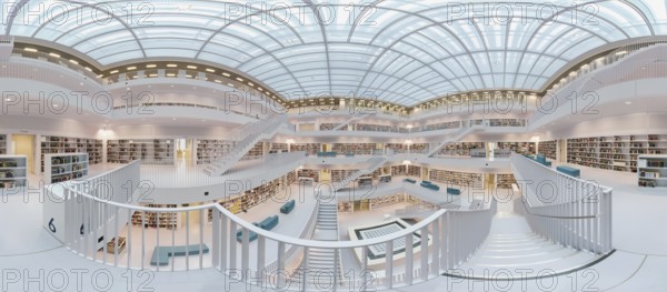 Galeriesaaal, Modern library with glass roof and white stairs, surrounded by bookshelves in a