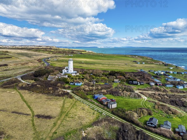 Portland Bird Observatory from a drone, Bill Lighthouse, Portland Bill, Isle of Portland, Dorset,