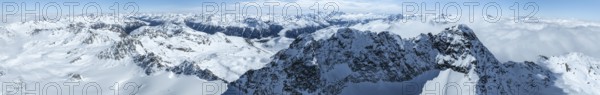 Alpine panorama, aerial view, mountain peak Piz Kesch and glacier Vadret da Porchabella, Albula
