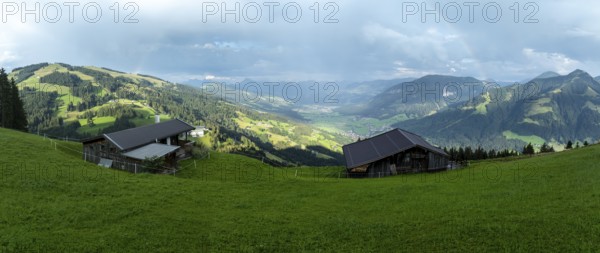 Alpine huts, view over the Brixen Valley with rainbow, Hochbrixen, Brixen im Thale, Kitzbühel Alps,