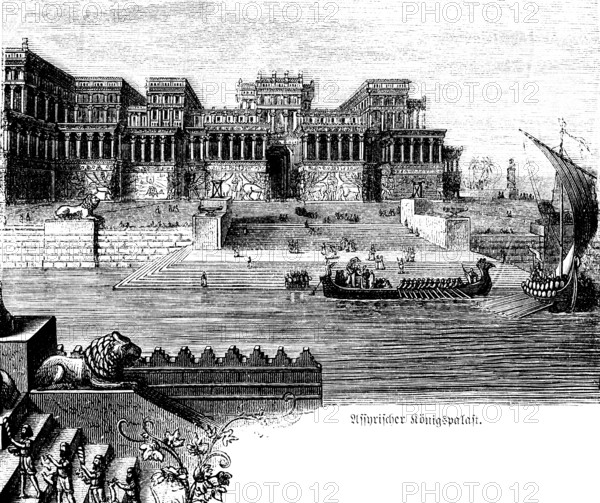 Assyrian royal palace, magnificent architecture, river, ships, rowers, sails, steps, columned