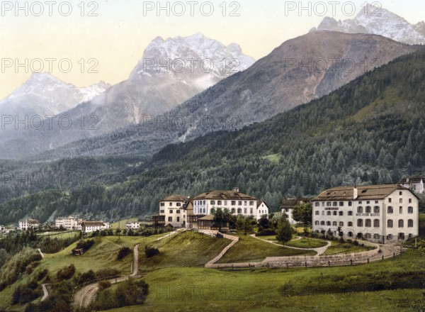 Lower Engadine, Vulpera with mountains, Graubuenden, Switzerland, Historical, digitally restored
