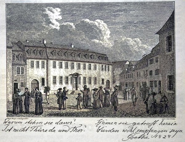People in front of the house of Johann Wolfgang von Goethe in Weimar, Germany, digital reproduction