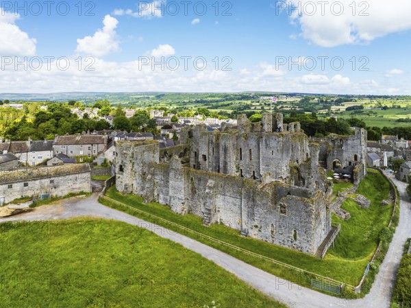 Middleham Castle from a drone, Middleham, Wensleydale, North Yorkshire, England, United Kingdom,
