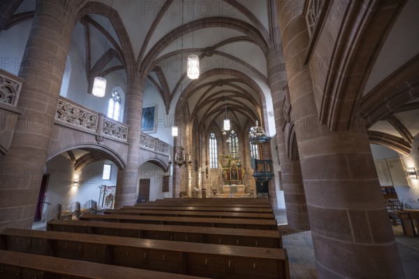 Interior with altar of the Church of St Nicholas and St Ulrich, nave built around 1400, Kirchenberg