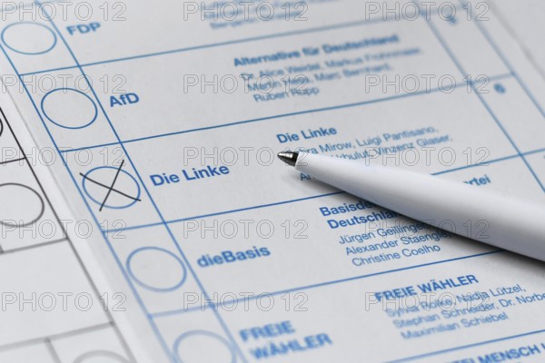 Germany - February 2025: Close up of cross made for political party die Linke on ballot paper for