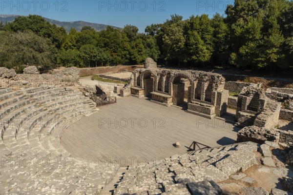 Theater and amphitheater in the archaeological ruins of Butrint or Butrinto National Park in