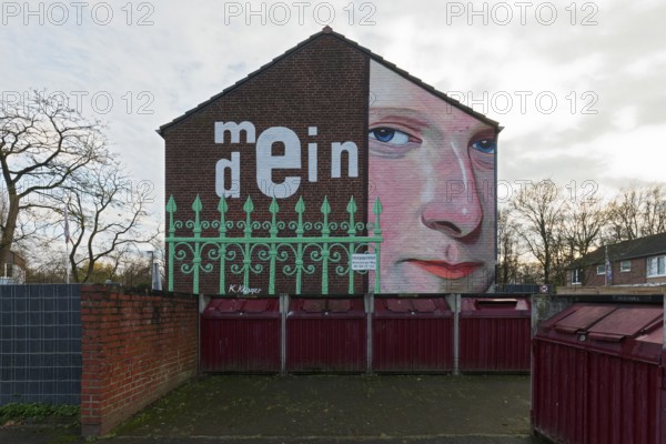 Mural Mein-Dein, Gesicht blickt über den Zaun, mural on the subject of neighbour disputes by street