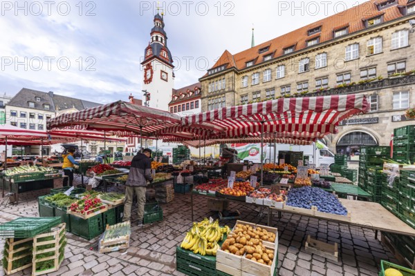 Weekly market, direct marketing of fruit and vegetables at Neumarkt. City view with old town hall.