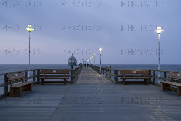 Vinetabrücke, Illuminated pier with diving gondola, Blue Hour, Zinnowitz, Usedom Island, Baltic