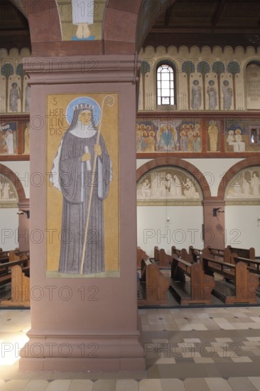 Interior view of the UNESCO monastery church of St. Hildegard with painting of Hildegard of Bingen