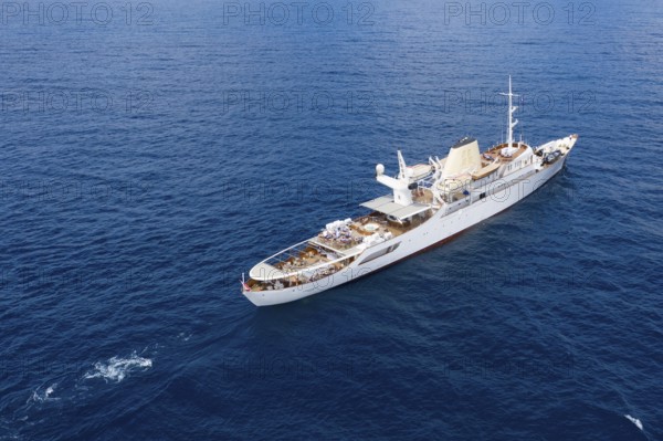 Aerial view 99 metre long motor yacht Christina O, former frigate built in 1942 by Canadian