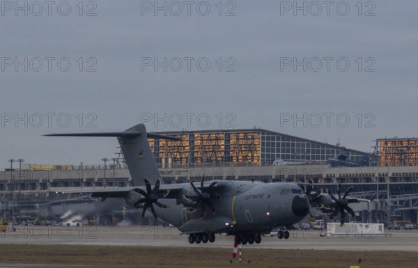 Airbus A400M military transport aircraft of the German Air Force landed at Stuttgart Airport with