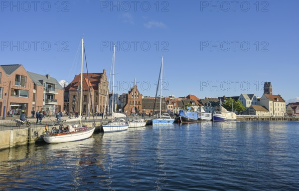 Quay, sailing ships, old harbour, behind the water gate, Wismar, Mecklenburg-Vorpommern, Germany,