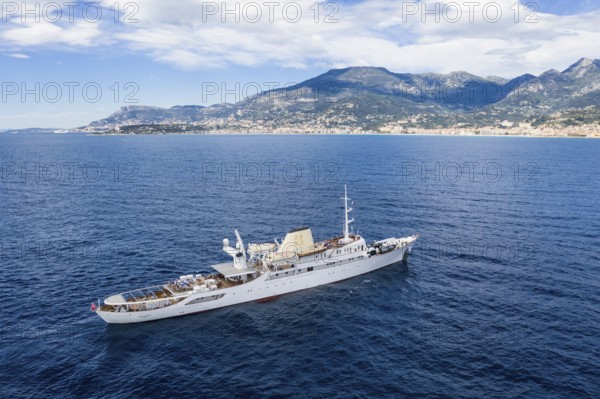 Aerial view 99 metre long motor yacht Christina O, former frigate built in 1942 by Canadian