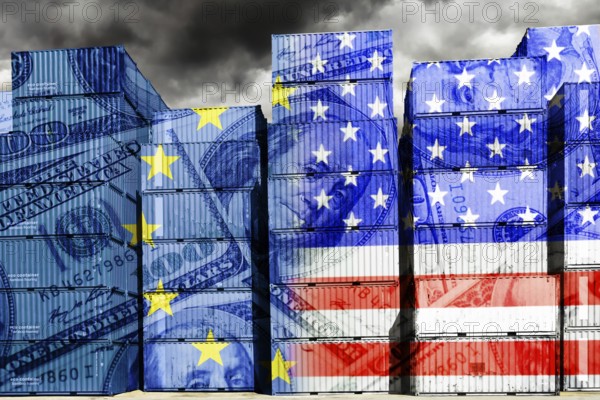 Stacked containers with European and US flags and dollar notes, symbolic photo trade between the