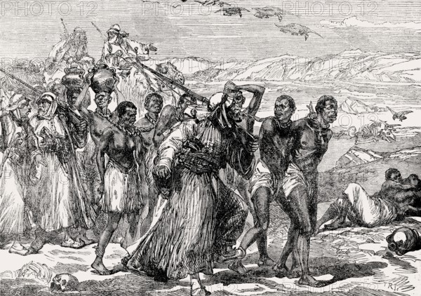 Slaves traversing the African desert, 19th century, From British Battles on Land and Sea, by James