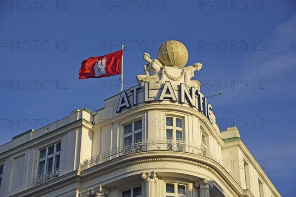 Europe, Germany, Hamburg, Outer Alster Lake, view to Hotel Atlantic, facade decoration with globe,