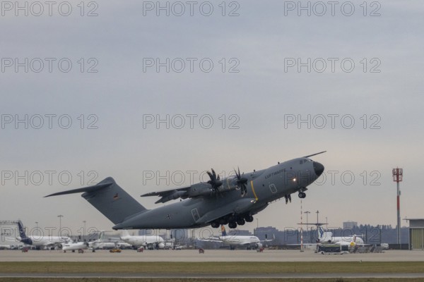 Airbus A400M military transport aircraft of the German Air Force landed at Stuttgart Airport with