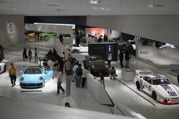 Various Porsche models in a lively museum exhibition, Exhibition, New Porsche Museum 2009,