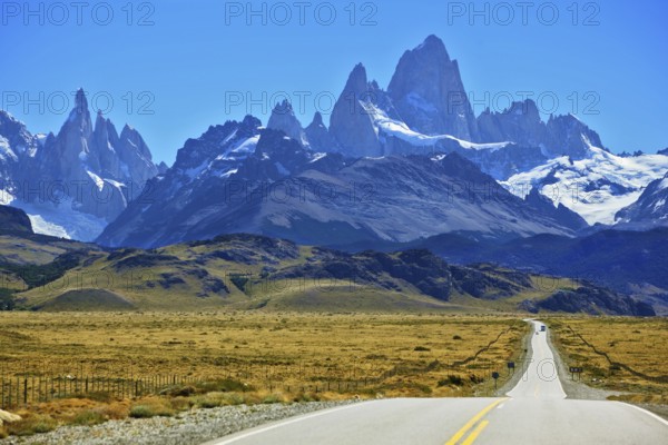 Famous rock Fitz Roy peaks in the Andes. Magnificent panorama of snow-capped mountains in Patagonia
