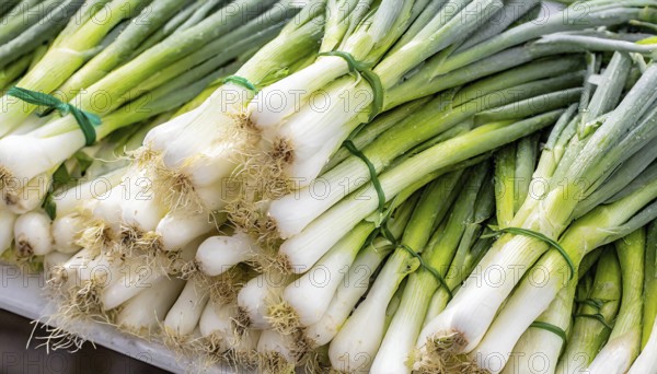 Vegetable, spring onion or spring onion, also known as winter onion, Allium fistulosum, in a bunch