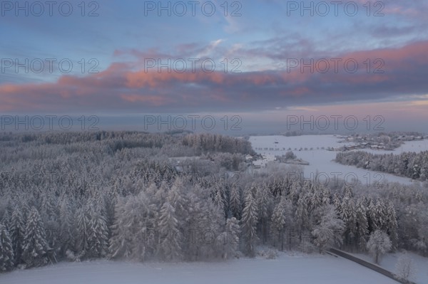 Winter forest near Eurasburg, winter at sunrise, drone shot, Upper Bavaria, Bavaria, Germany,