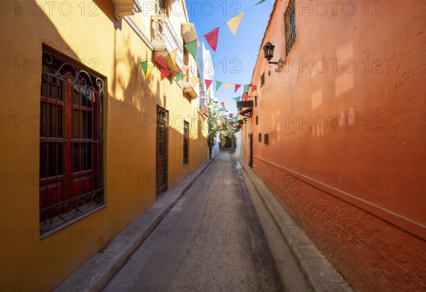 Colombia, Scenic colorful streets of Cartagena in historic Getsemani district near Walled City,