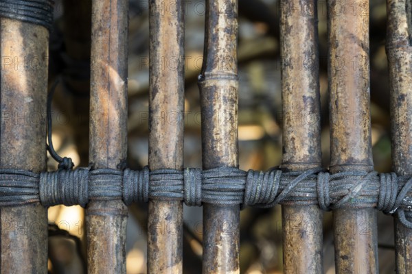 Close-up of a complex bamboo installation with ropes, bamboo sculpture by Doug and Mike Starn, art