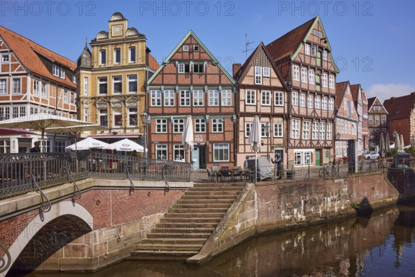 Old Hanseatic harbour, an inland port on the Schwinge river with historic half-timbered houses and