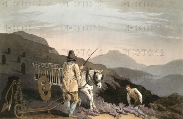 Scene from everyday life in England around 1810, peat cart with the peat cutters, historical,