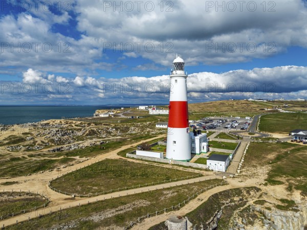 Portland Bill Lighthouse from a drone, Portland Bill, Isle of Portland, Dorset, England, United