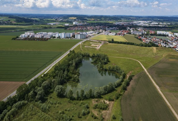 Drone image, shoring in grassland with pond, housing estate, high-rise housing estate, Asten, Linz