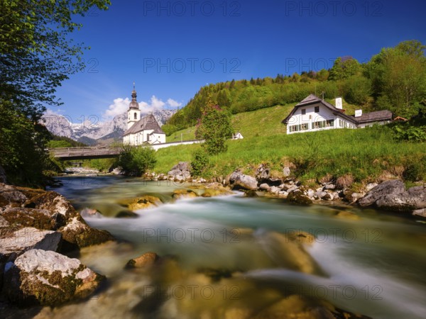 Parish church of St Sebastian on the Ramsauer Ache, behind Reiteralpe, Ramsau, Berchtesgadener