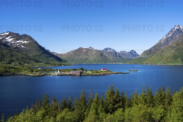 Landscape on the Lofoten Islands with sea and mountains. The Sildpollnes peninsula in the