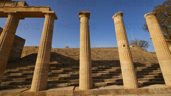 Acropolis of Lindos, morning light, Propylaea with open staircase, Lindos, Rhodes, Dodecanese,