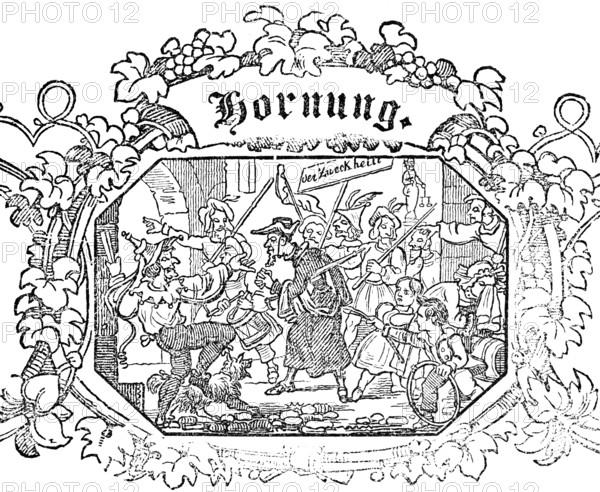 Month of Hornung or February, festival with parade and disguise, drummers, children, men, woman,