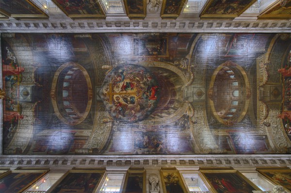 Interior view, coffered ceiling, ceiling painting, perspective painting, ceiling, church Igreja de