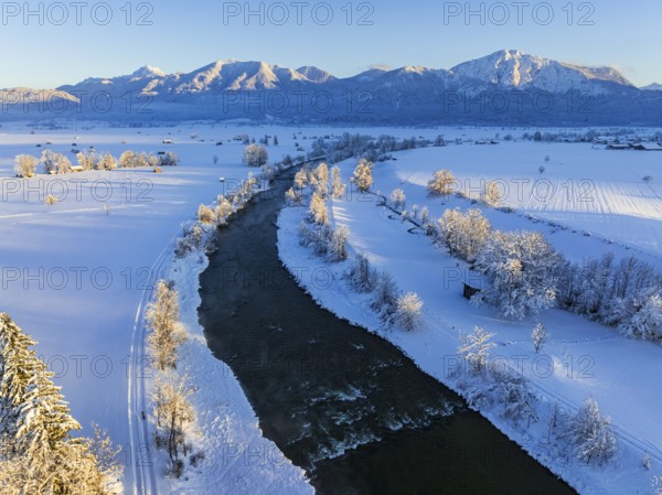 Aerial view of a river in front of mountains, evening light, snow, winter, Loisach, Alpine