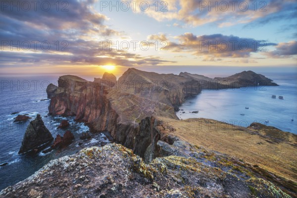 Madeira Island scenic rugged landscape, Ponta do Sao Lourenco cape on sunrise, Abismo viewpoint.