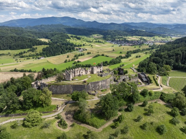 Aerial view of the ruins of Hochburg Castle, also known as Hachberg, 11th century, between