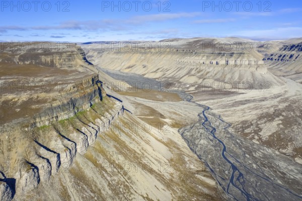 Aerial view over river delta at Skansbukta in the outer Billefjorden, Billefjord, southeast of