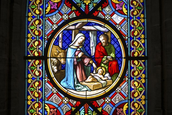 Church window, cot with Jesus and Mary and Joseph, Basel Minster, Basel, Canton of Basel-Stadt,