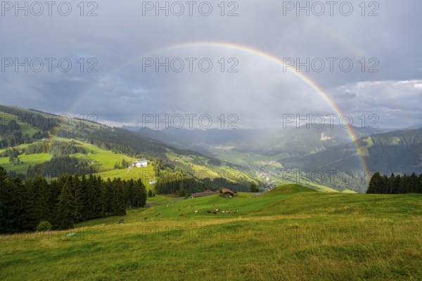 View over the Brixen Valley with rainbow, Hochbrixen, Brixen im Thale, Kitzbühel Alps, Tyrol,